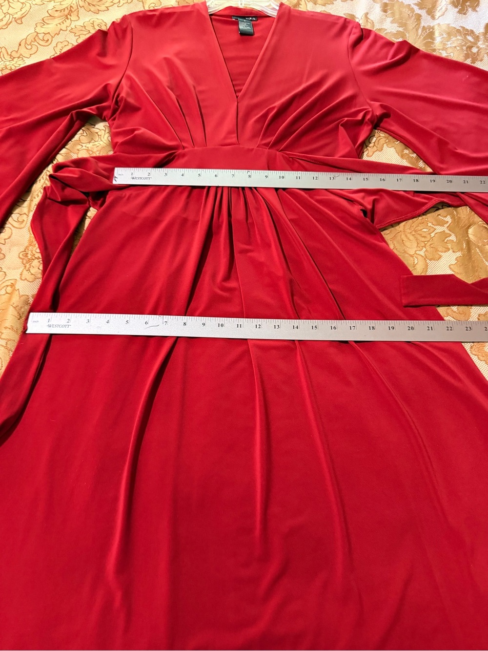 Mixit Red V-Neck Midi Flared Soft Knit Dress with Wrap Tie Belt, Sz 6 - Picture 12 of 14
